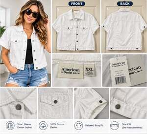 American Denim Co Women's XXL White Denim Jacket Short Sleeve Button Front NWT